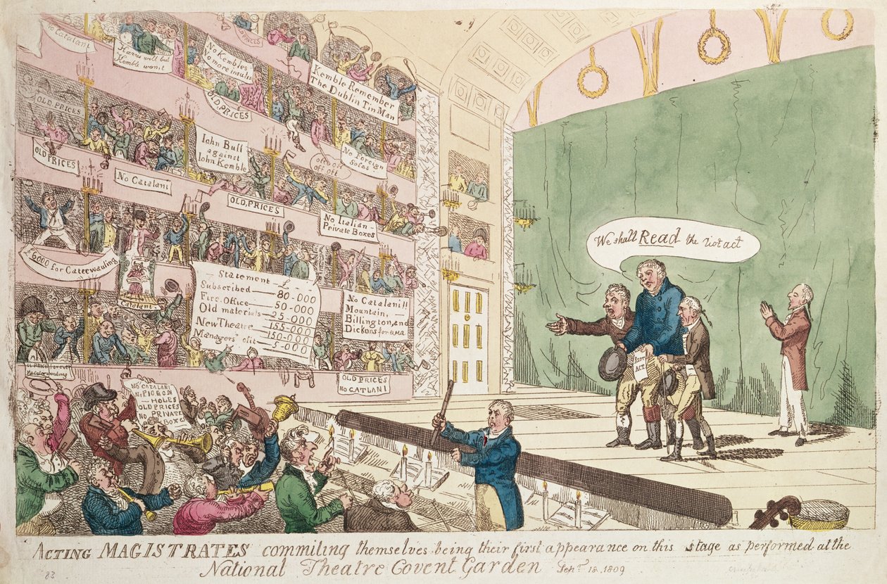 1809年にロンドンの国立劇場コベントガーデンで行われた最初の登場である行政官代理、1809年（カラー彫刻） 作： ジェームズ・ギルレイ