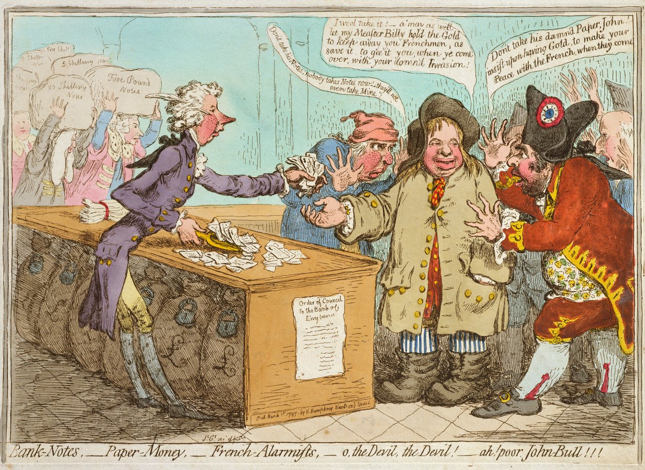 銀行券-紙幣-フランスの警報-ああ！かわいそうなジョン・ブル！ 1797年にハンナハンフリーによって発行された（手描きのエッチング） 作： ジェームズ・ギルレイ