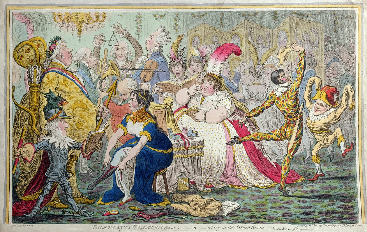 1803年にハンナハンフリーによって発行されたDilettanti Theatricals、または「グリーンルームののぞき見」（手描きのエッチング） 作： ジェームズ・ギルレイ