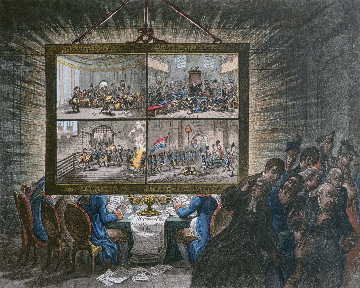 1799年にハンナハンフリーから出版された、民主主義の透明性と愛国的な感情への影響の展示（アクアチントを使った手描きのエッチング） 作： ジェームズ・ギルレイ