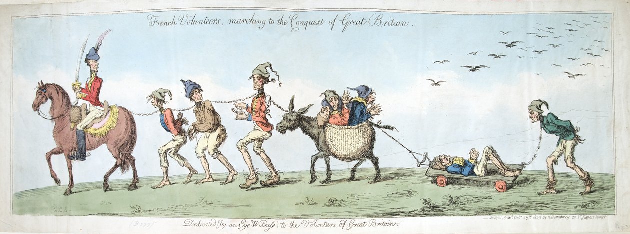 1799年にハンナハンフリーによって出版されたイギリスの征服に行進しているフランスのボランティア（手描きのエッチング） 作： ジェームズ・ギルレイ