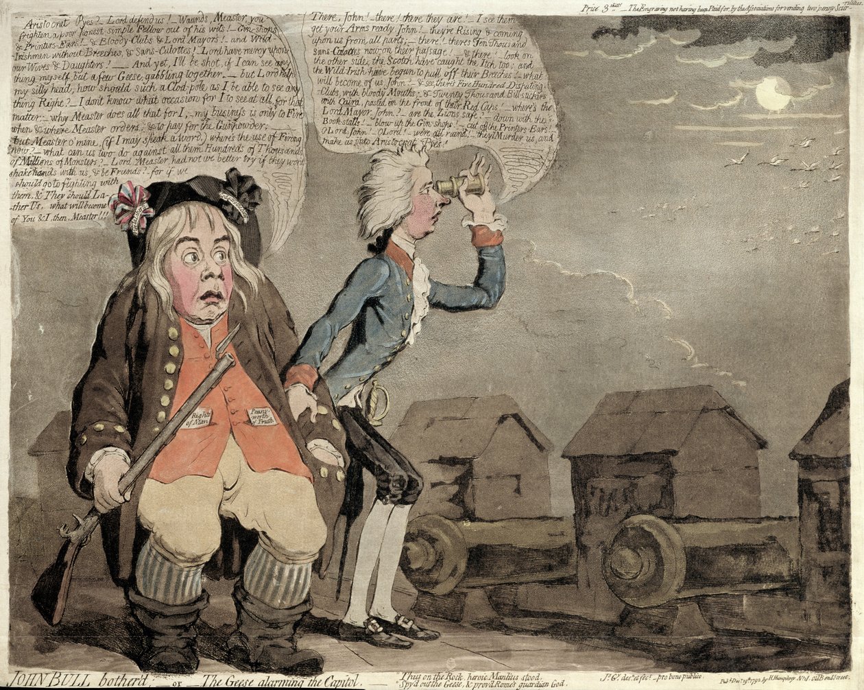 1792年にハンナハンフリーによって発行されたジョンブルボータード、またはキャピトルを驚かせるギース（手描きのエッチングとアクアチント） 作： ジェームズ・ギルレイ