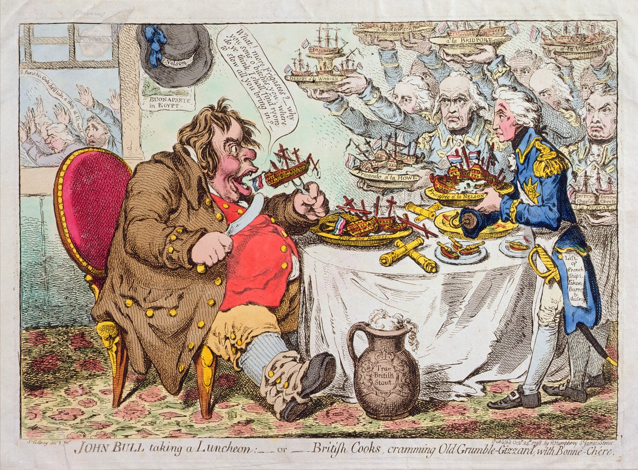 1798年にハンナハンフリーによって発行されたジョンブルは、昼食会、またはブリティッシュクックでボンヌシーアと古いグランブルギザードを詰め込んでいます（手描きのエッチング） 作： ジェームズ・ギルレイ