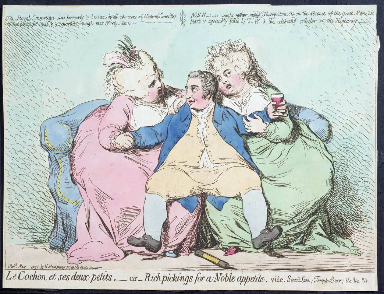 Le Cochon et ses Deux Petits、または高貴な食欲のための豊富なピッキング、1792年にハンナハンフリーから出版（手塗りのエッチング） 作： ジェームズ・ギルレイ