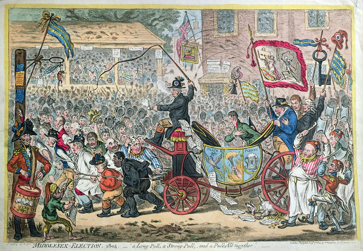 1804年にミドルセックス選挙、またはロングプル、ストロングプル、プルプル一緒に、1804年にハンナハンフリーによって発行された（手描きのエッチング） 作： ジェームズ・ギルレイ