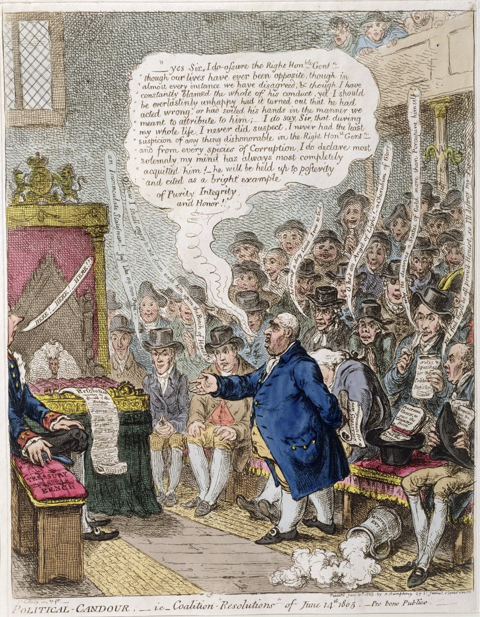 1805年6月14日の政治的カンドゥール、すなわち連合「決議」。1805年にハンナハンフリーによって出版されたプロボノパブリコ（手描きのエッチング） 作： ジェームズ・ギルレイ