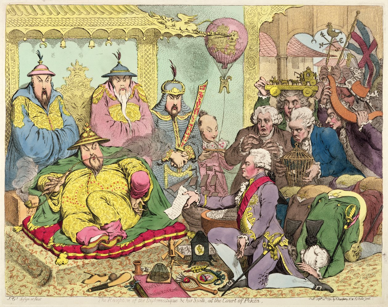ペキンの裁判所での外交官と彼の組曲のレセプション、1793年（カラーエッチング） 作： ジェームズ・ギルレイ