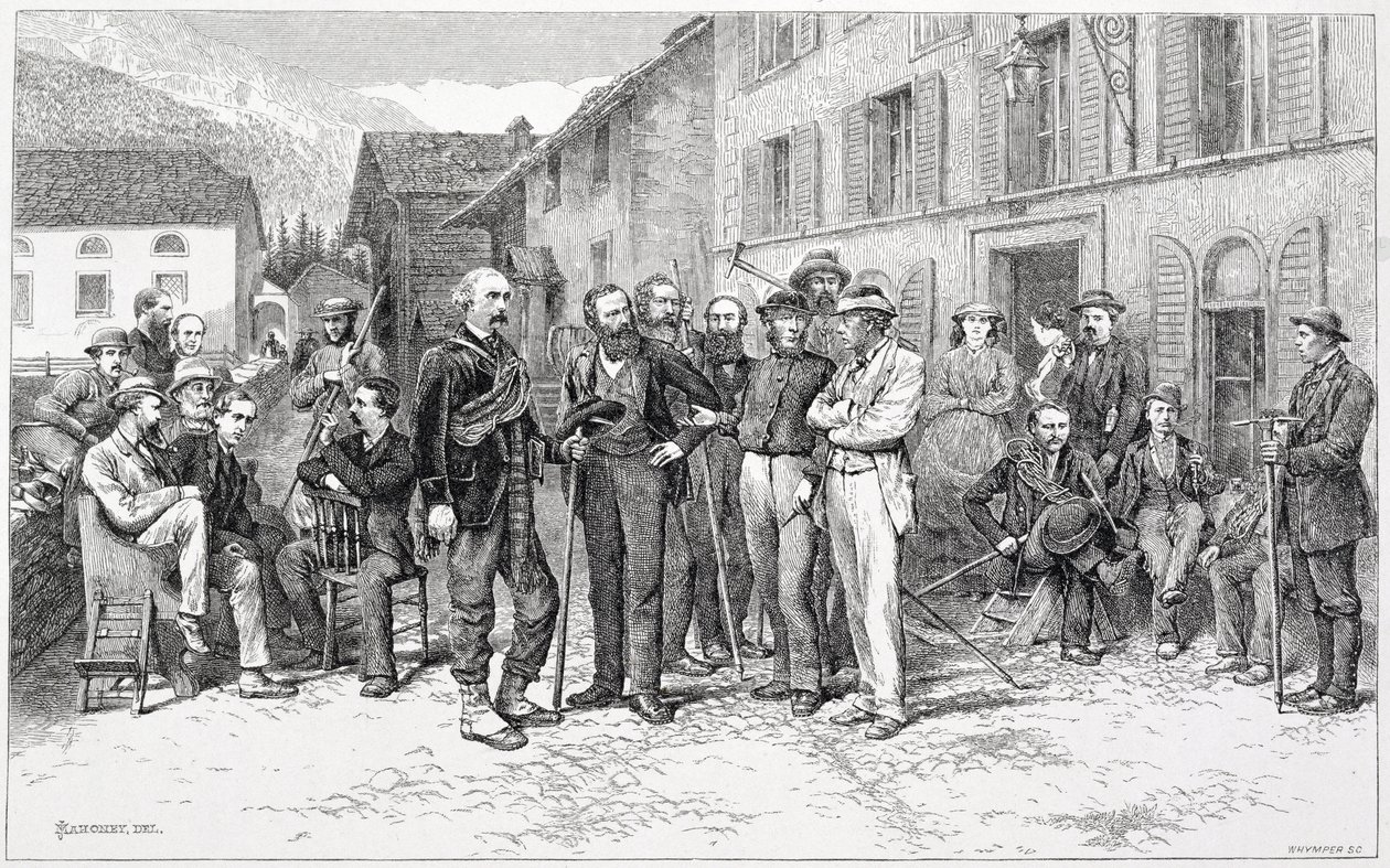 1864年のツェルマットのクラブルーム、エドワードウィンパー（1840〜1911年）によって彫刻された「マッターホルンの上昇」より、1860〜80年代に出版 作： ジェームズ・マホニー