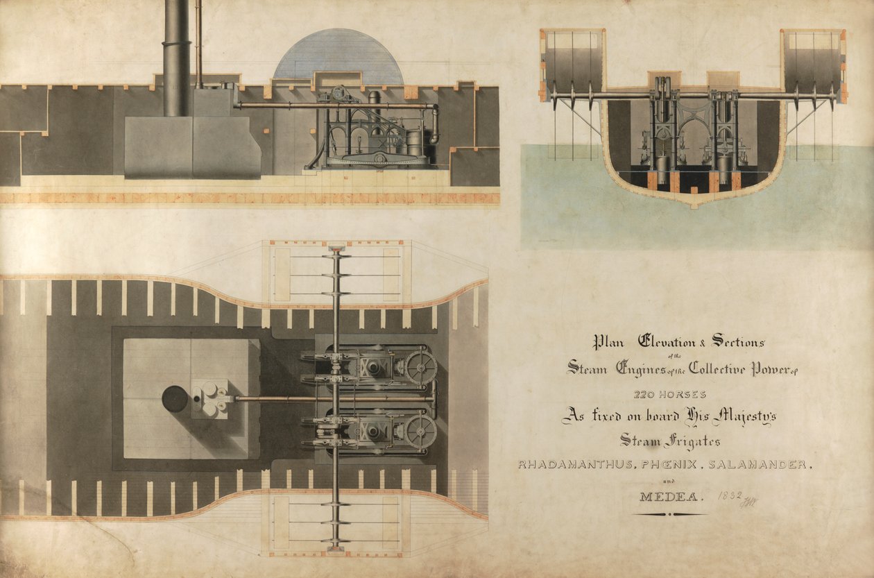 船舶用蒸気機関、1832年（紙にペンとインクとトイレ） 作： ジェームス・ホール・ナスミス