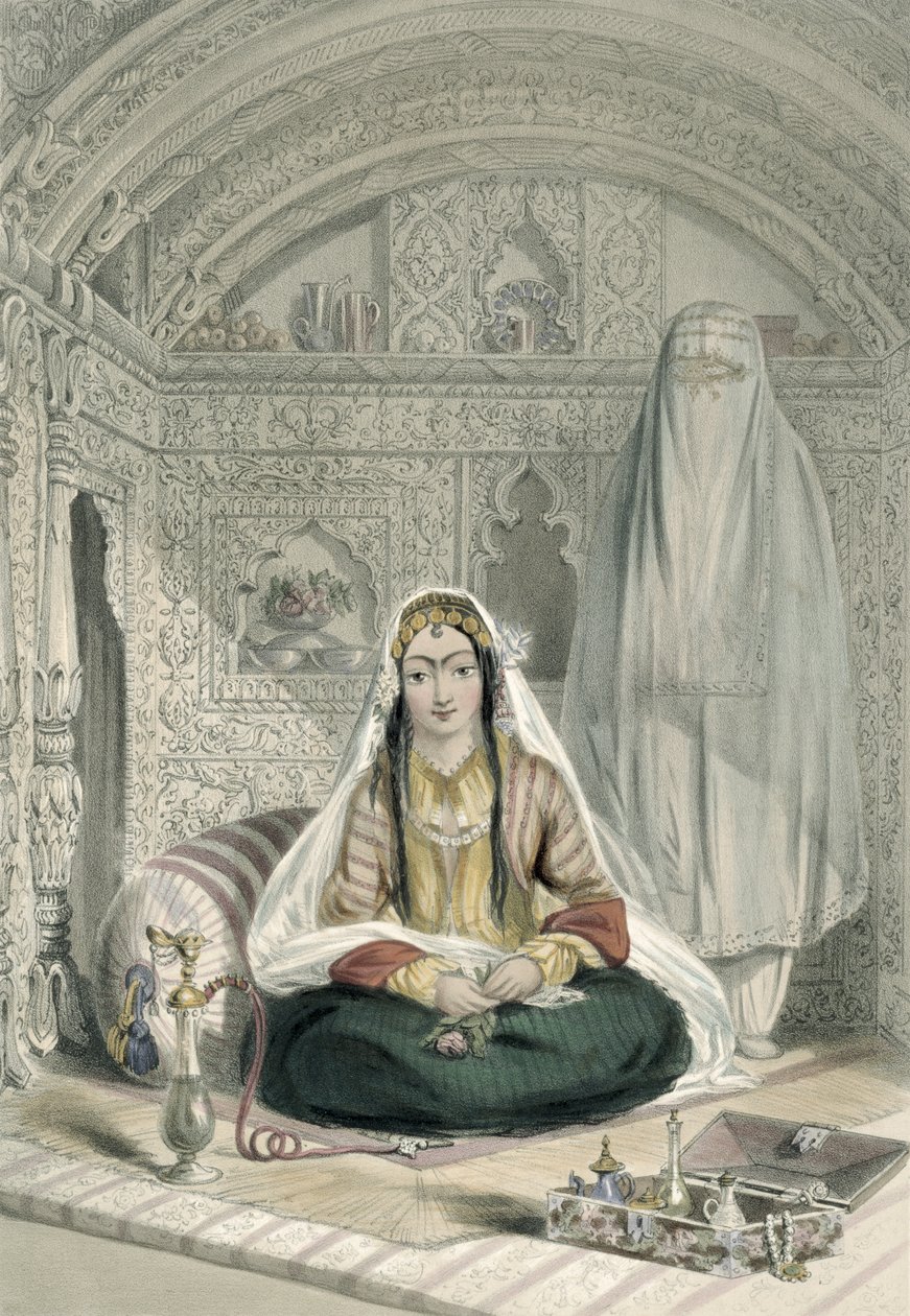 屋内外の衣装を着たカウルの女性たち、1848年、ウォーカーによって彫刻された「アフガニスタンの風景、住民、衣装」のプレート24 作： ジェームズ・ラトレイ