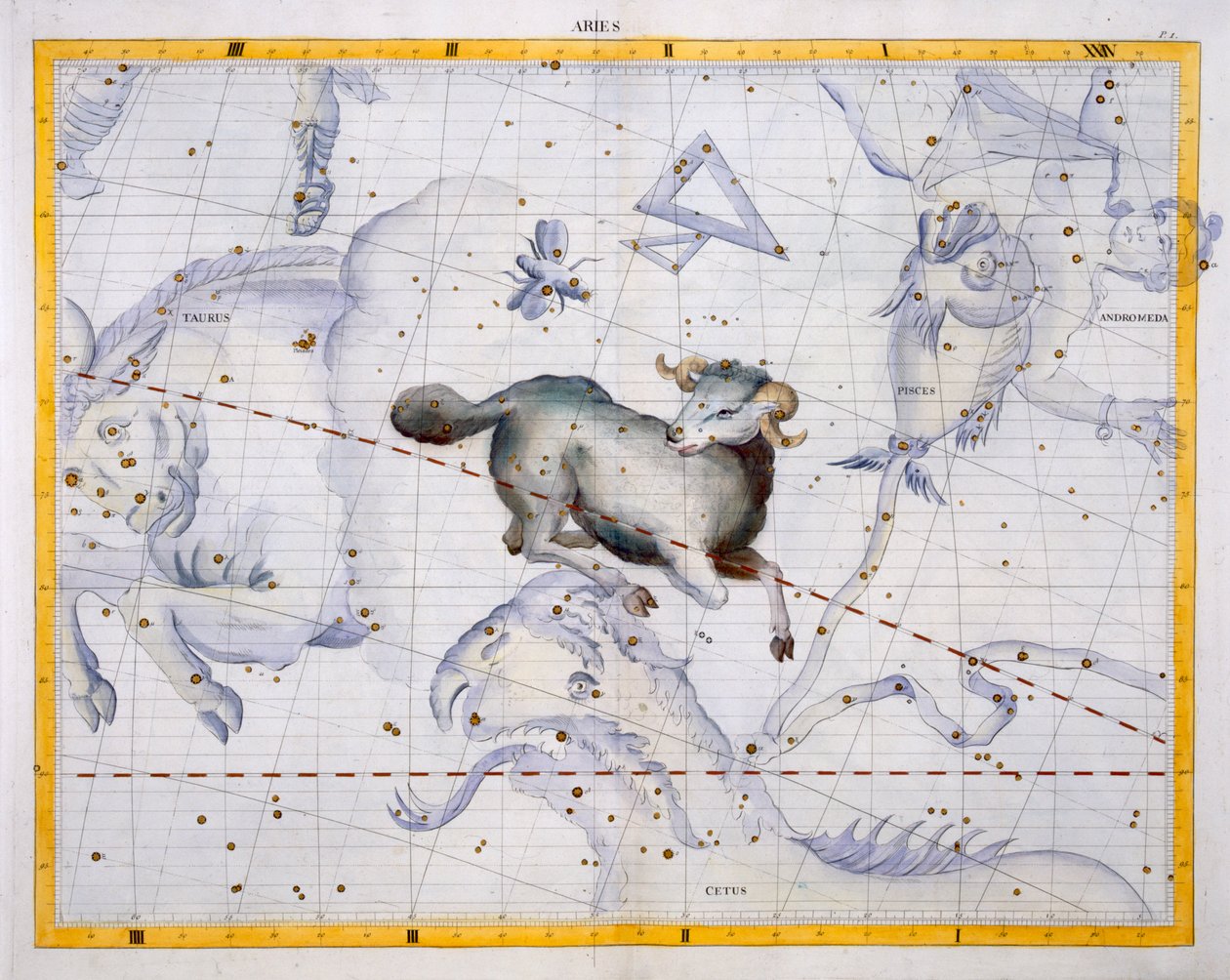 牡羊座の星座、「アトラスコアレスティス」のプレート4、ジョンフラムスティード（1646-1710）、1729年に出版（手描きの彫刻） 作： ジェームス・ソーンヒル