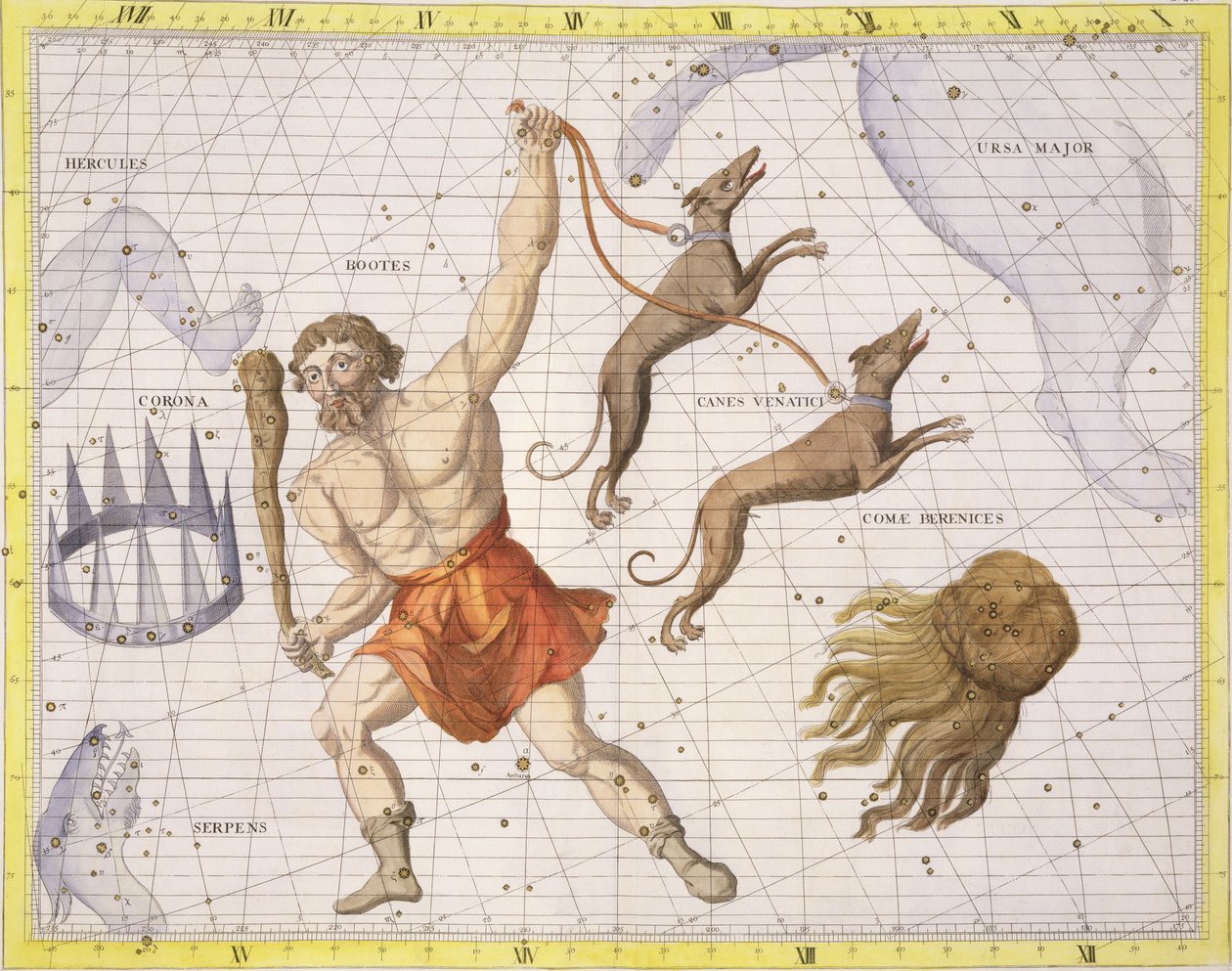 ブーツの星座、 &39;Atlas Coelestis&39;のプレート20、ジョンフラムスティード（1646-1710）、1729年に出版（手彩色彫刻） 作： ジェームス・ソーンヒル