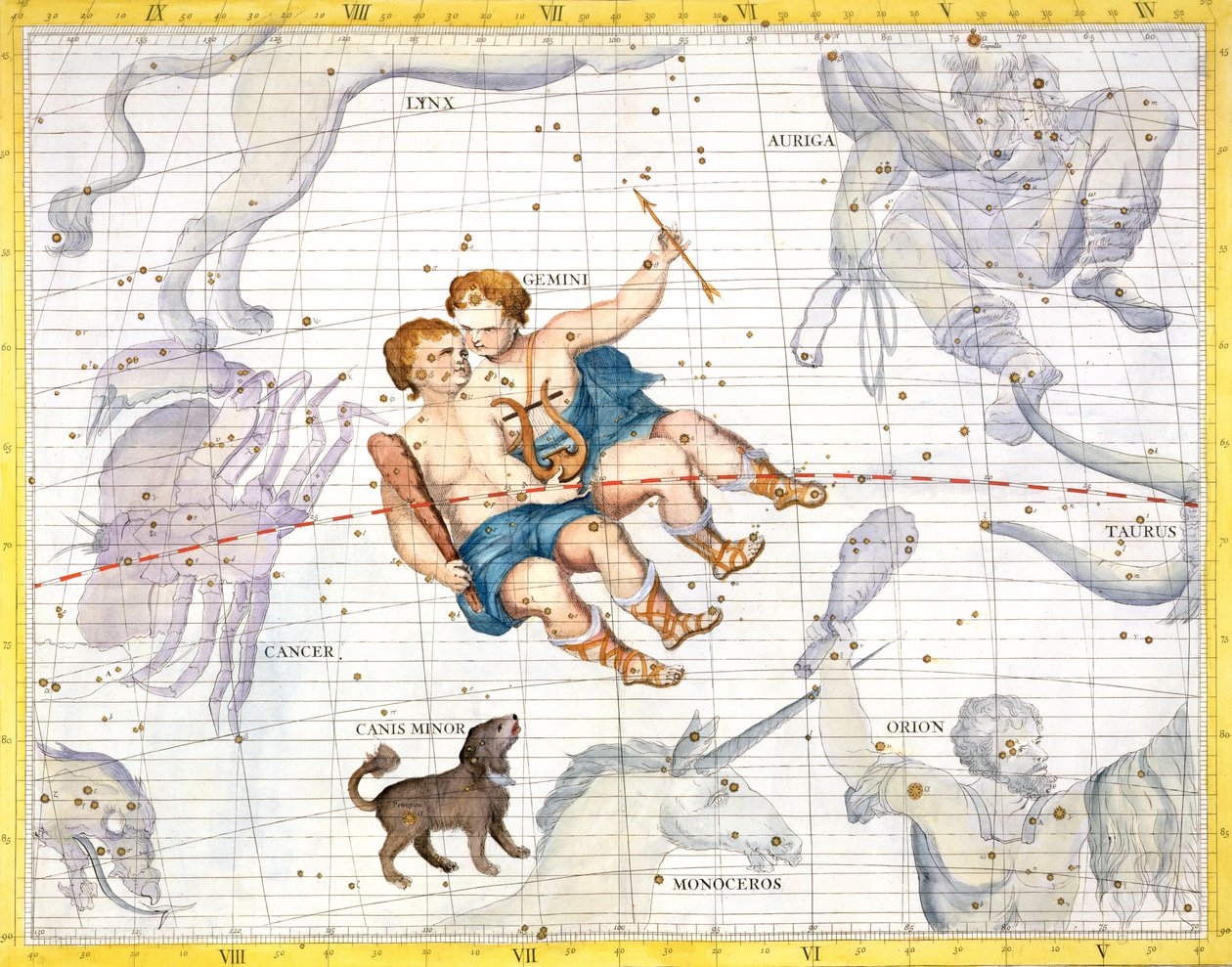 ジェミニとカニスマイナーの星座、「アトラスコアレスティス」のプレート13、ジョンフラムスティード（1646-1710）、1729年発行（手描きの彫刻） 作： ジェームス・ソーンヒル