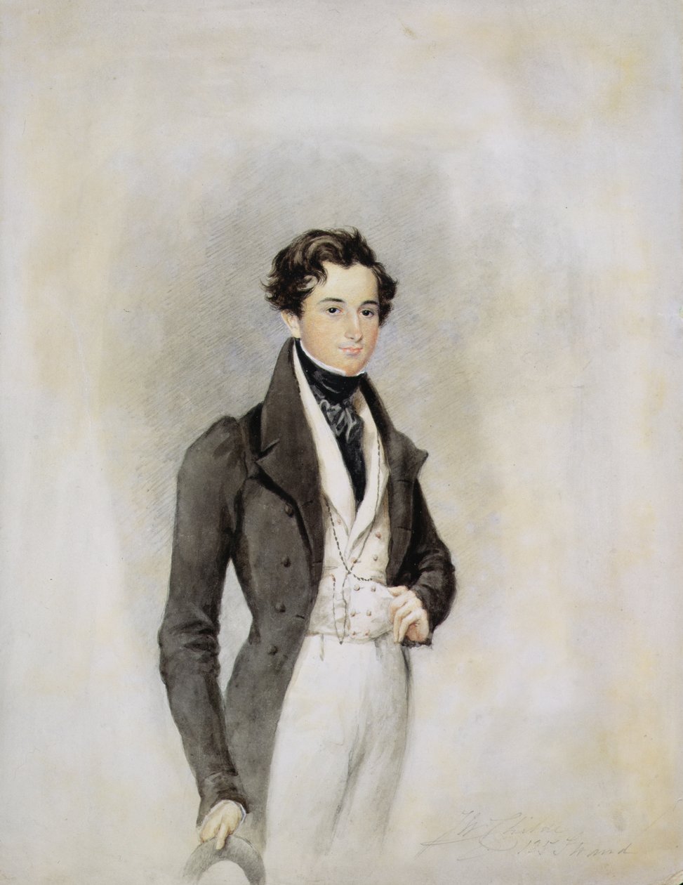 優雅な紳士の肖像、c.1825（紙にトイレ） 作： ジェームズ・ウォーレン・チルデ