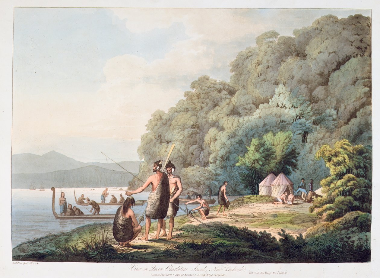 1809年の南海の景色からのニュージーランド、クイーンシャーロッツサウンドの眺め（手塗りのアクアチント） 作： ジェームズ・ウェバー