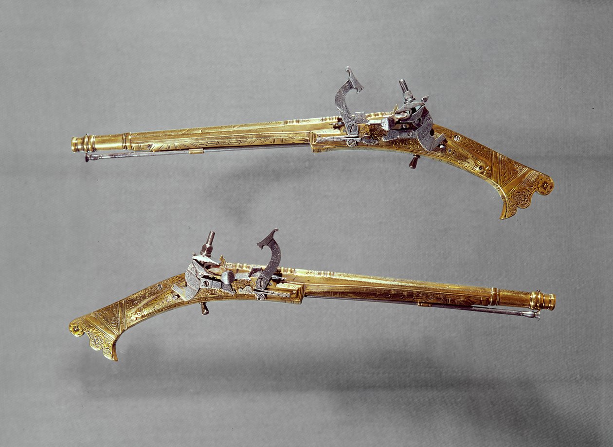 拳銃のペア、1624-26（真鍮と鋼） 作： ジェームズ・フェローズ