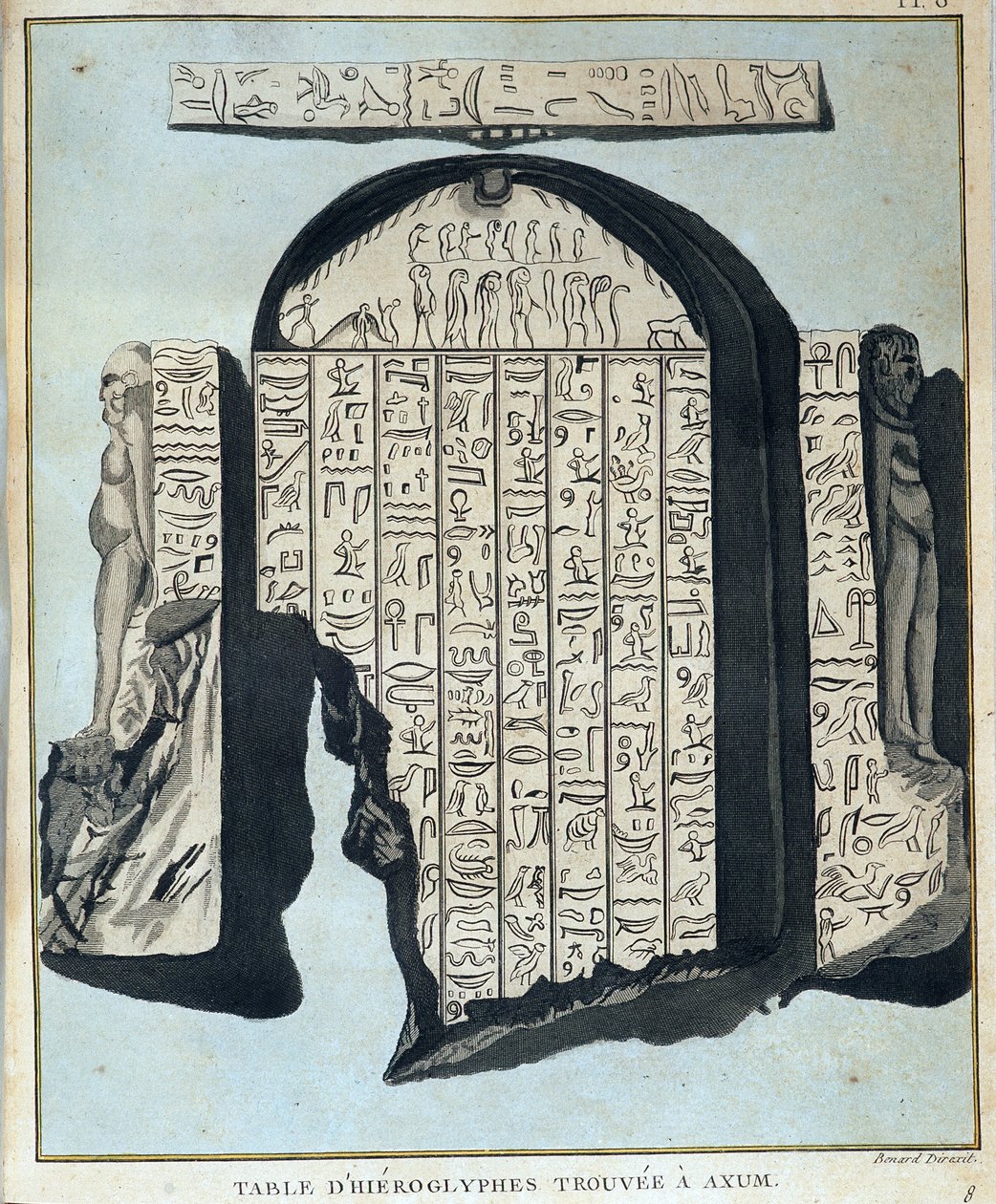 Axoum（Aksoum）で発見されたヒエログリフの表-James Bruceによる「Journey in Nubia and Abyssinia undertaken to discover the source of the Nile during the year 1768 to 1772」（第1巻）、パリ 作： ジェームス・ブルース