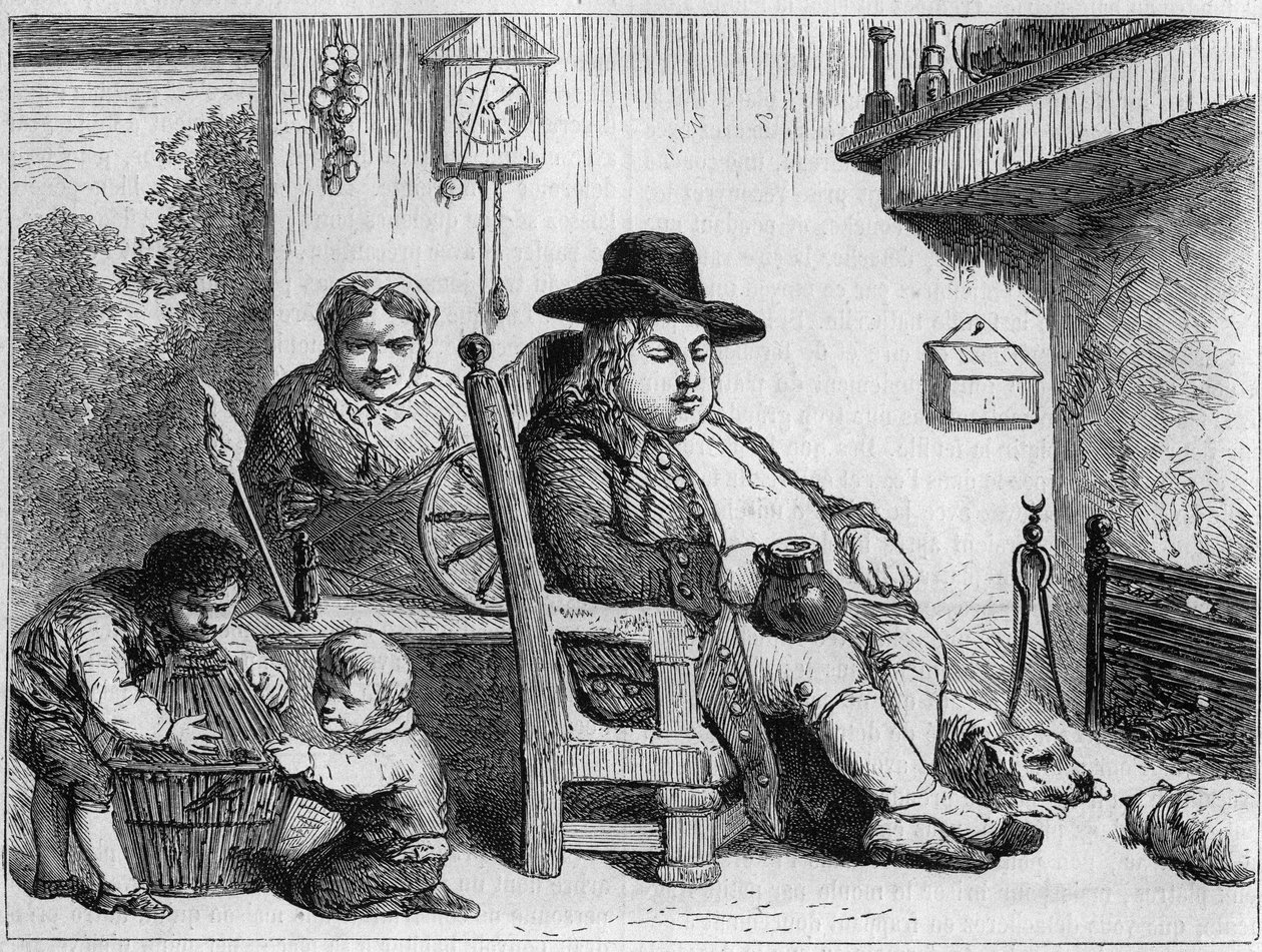 幸せそうなジョン・ブルジョン・ブル（典型的なイギリス人のキャラクター、イギリスの象徴）が妻と子供と一緒に家にいるところ。ギルバートがギルレイの後に彫ったもの。"Le Magasin picturesque "にて。 作： ジェームズ（後）ギルレイ