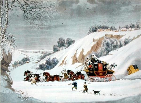 ジョージ・ハントの彫刻による「深雪の中の郵便」（カラーリトグラフ版 作： ジェームズ（後）ポラード