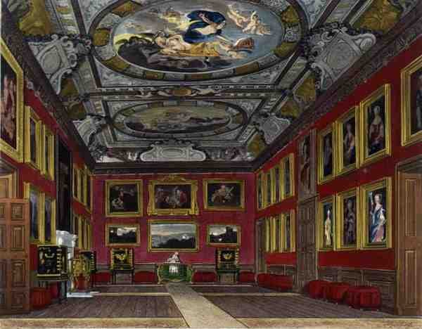 ウィンザー城の女王の寝室（「Royal Residences」より）、J.ベイリーの彫刻、ウィリアム・ヘンリー・パイン（1769-1843）の出版。 作： ジェームズ（後）ステファノフ