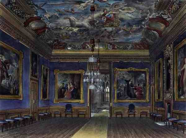 ウィンザー城の王様の応接室、Thomas Sutherland (b.1785)が彫った「Royal Residences」より、William Henry Pyne (1769-1843)が出版しました。 作： ジェームズ（後）ステファノフ