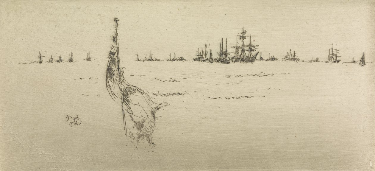 1887年の海軍の復習と題された12のエッチングのセットからの旗の浸漬 作： ジェームズ・アボット・マクニール・ウィスラー