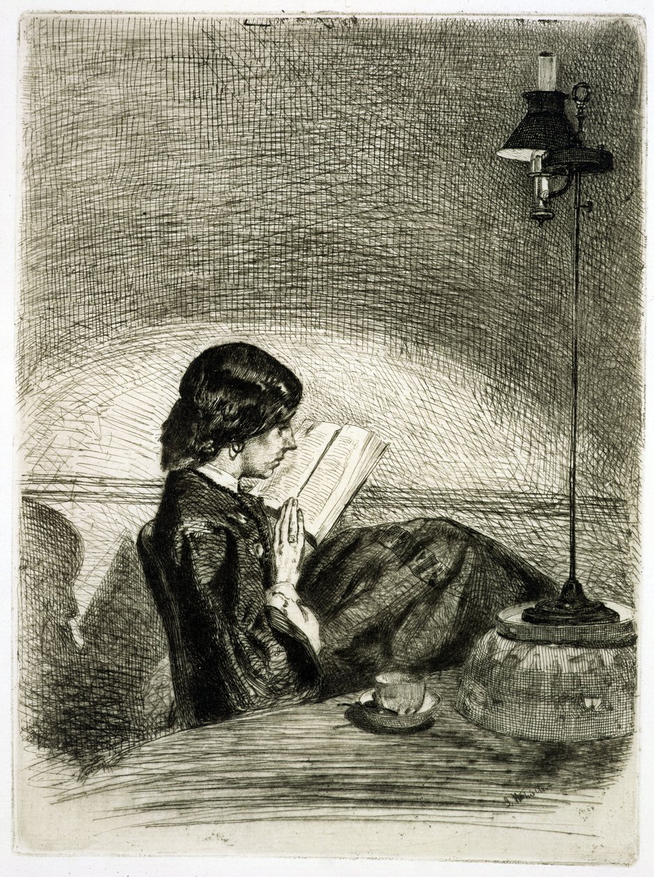 ランプライトによる読書、1858 作： ジェームズ・アボット・マクニール・ウィスラー