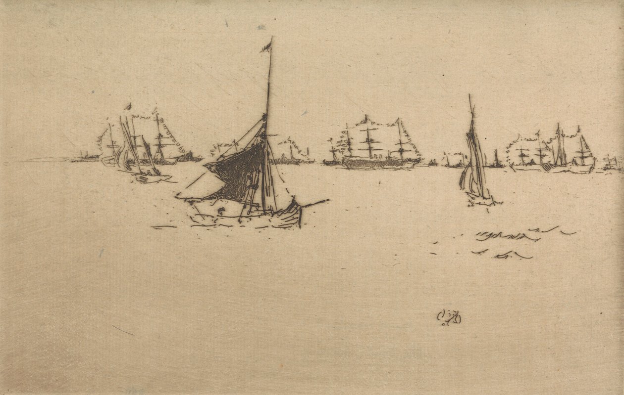 艦隊：夕方、1887年の「海軍の見直し」と題された12のエッチングセット 作： ジェームズ・アボット・マクニール・ウィスラー