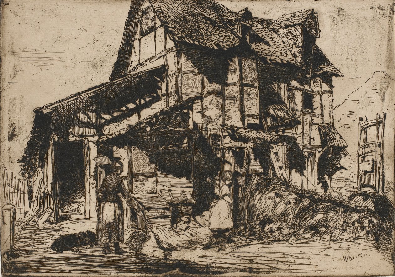 安全でない長屋。自然からの12のエッチングの一つ。フランスのセット、1858年。 作： ジェームズ・アボット・マクニール・ウィスラー