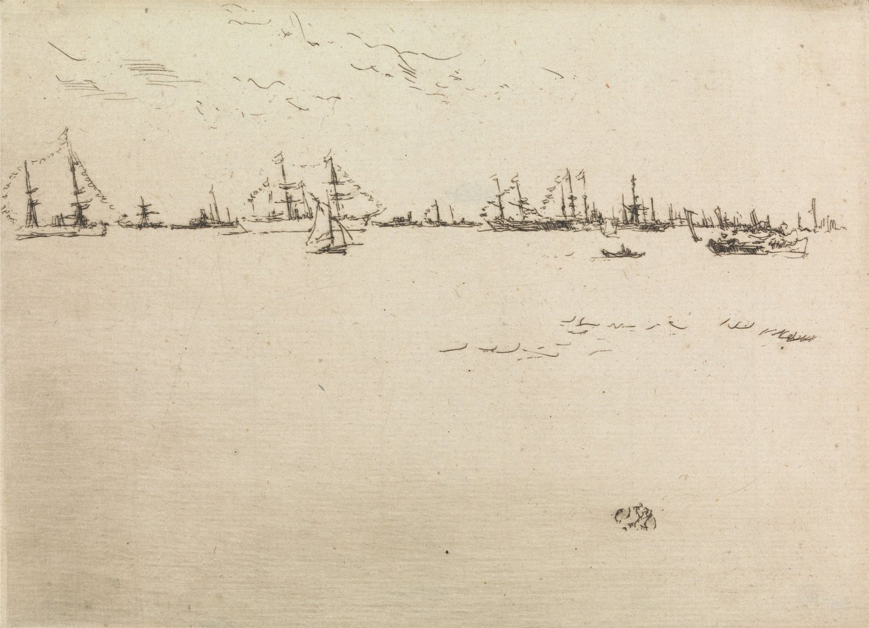 1887年の海軍の復習と題された12のエッチングのセットからの軍艦、1887 作： ジェームズ・アボット・マクニール・ウィスラー