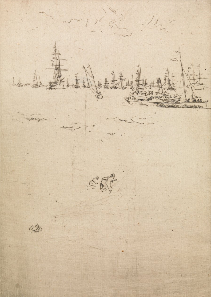 1887年の「海軍の復習」と題された12のエッチングセットからの訪問者用ボート 作： ジェームズ・アボット・マクニール・ウィスラー