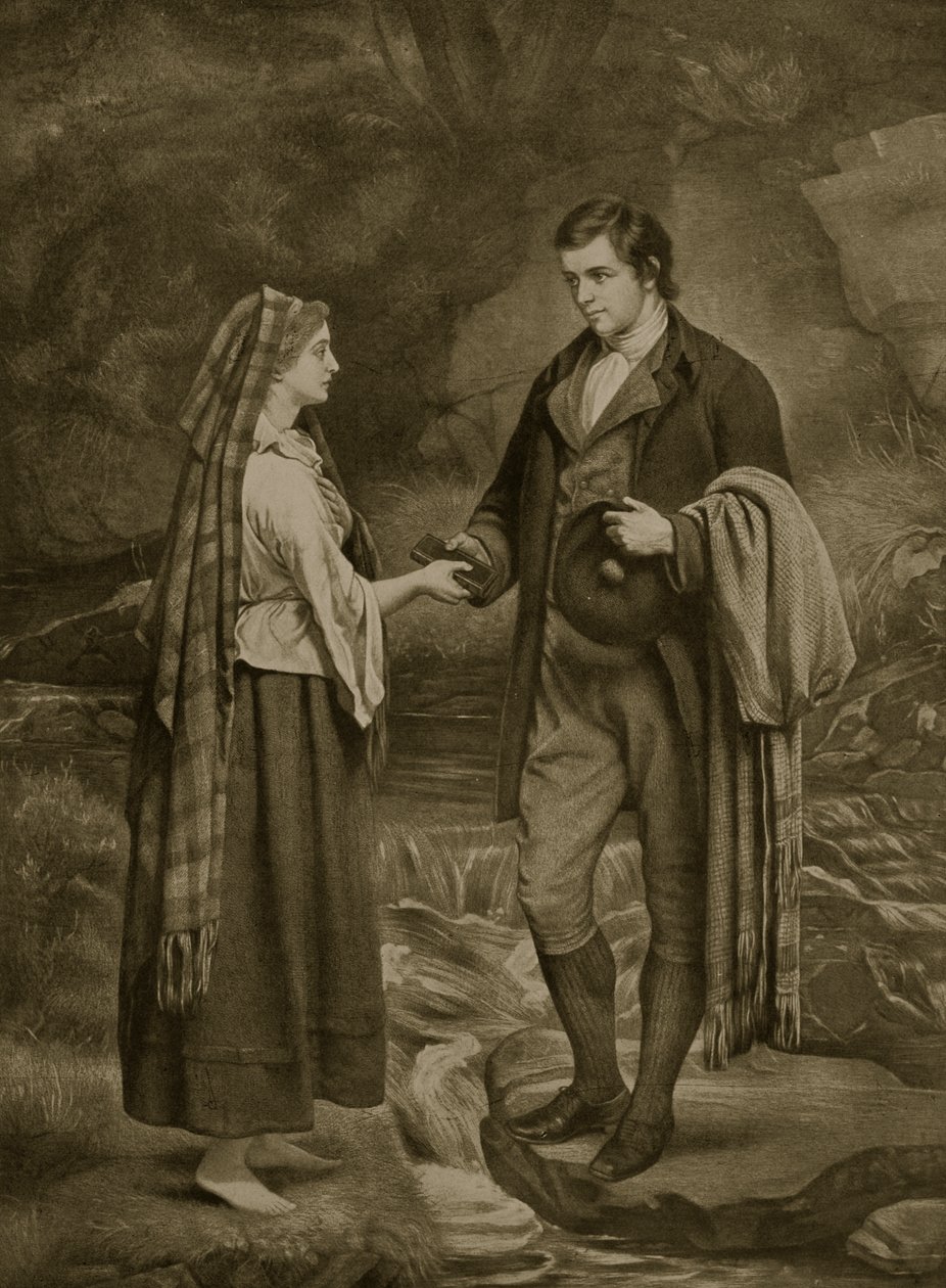 ロバートバーンズとハイランドメアリーの婚約、1785年、「ハッチンソンのイギリス国民の物語」、1923年頃のイラスト 作： ジェームズ・アーチャー