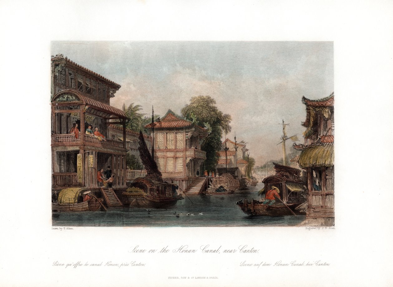 中国、カントン近くの湖南運河のシーン、c1840。 作： ジェームズ・B・アレン