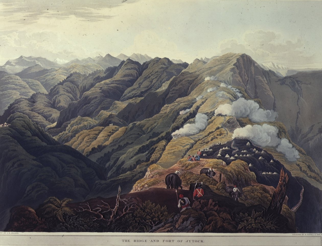 Rodwell & Martin が印刷した「Views of the Himala Mountains」より、Jytock の尾根と砦 作： ジェームズ・ベイリー（後）フレイザー