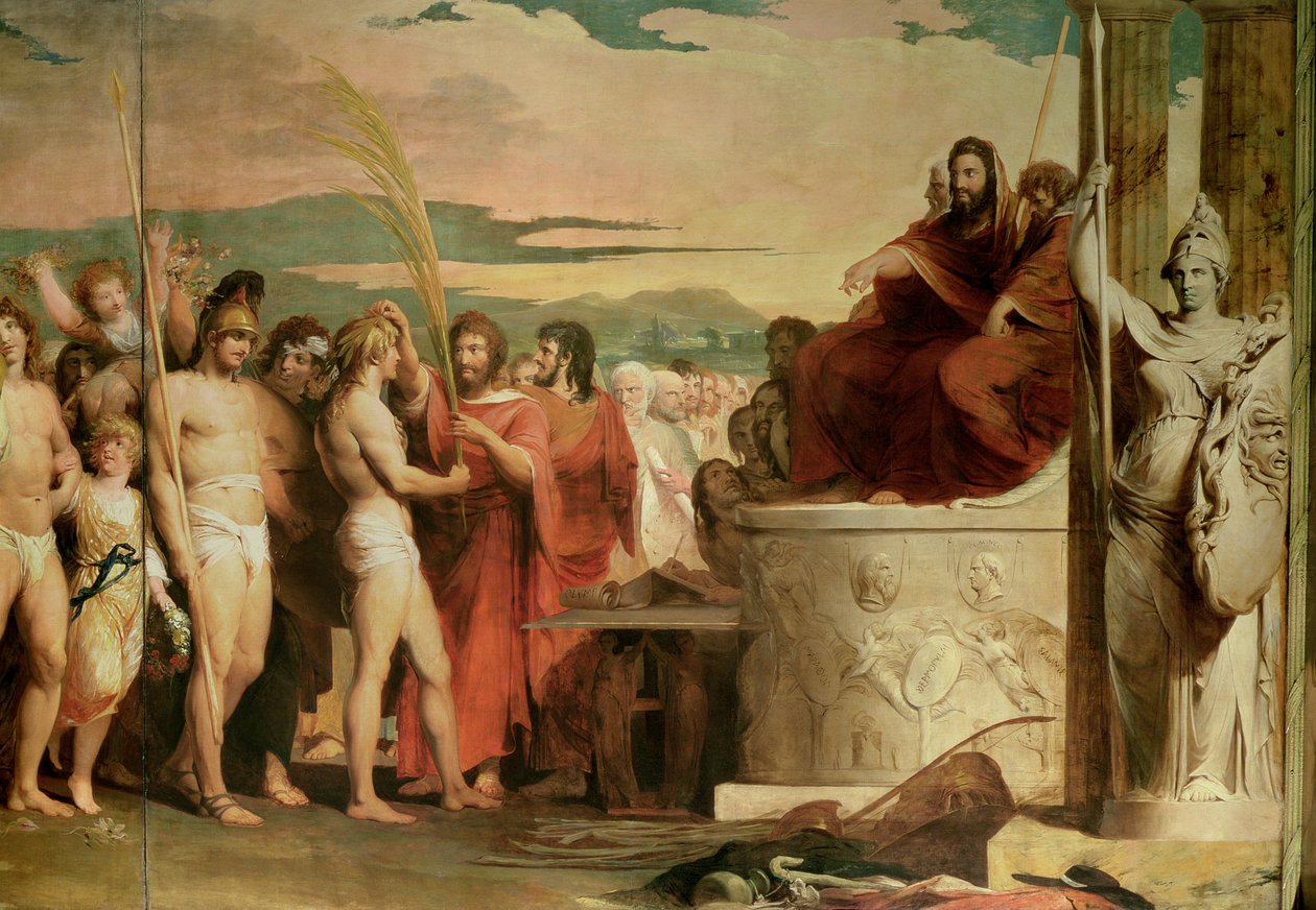 オリンピアでの勝利者の戴冠、シリーズの3番目の人間の文化と知識の進歩、Hellanodicae、c.1777-84の前で戴冠される勝利者の詳細 作： ジェームズ・バリー