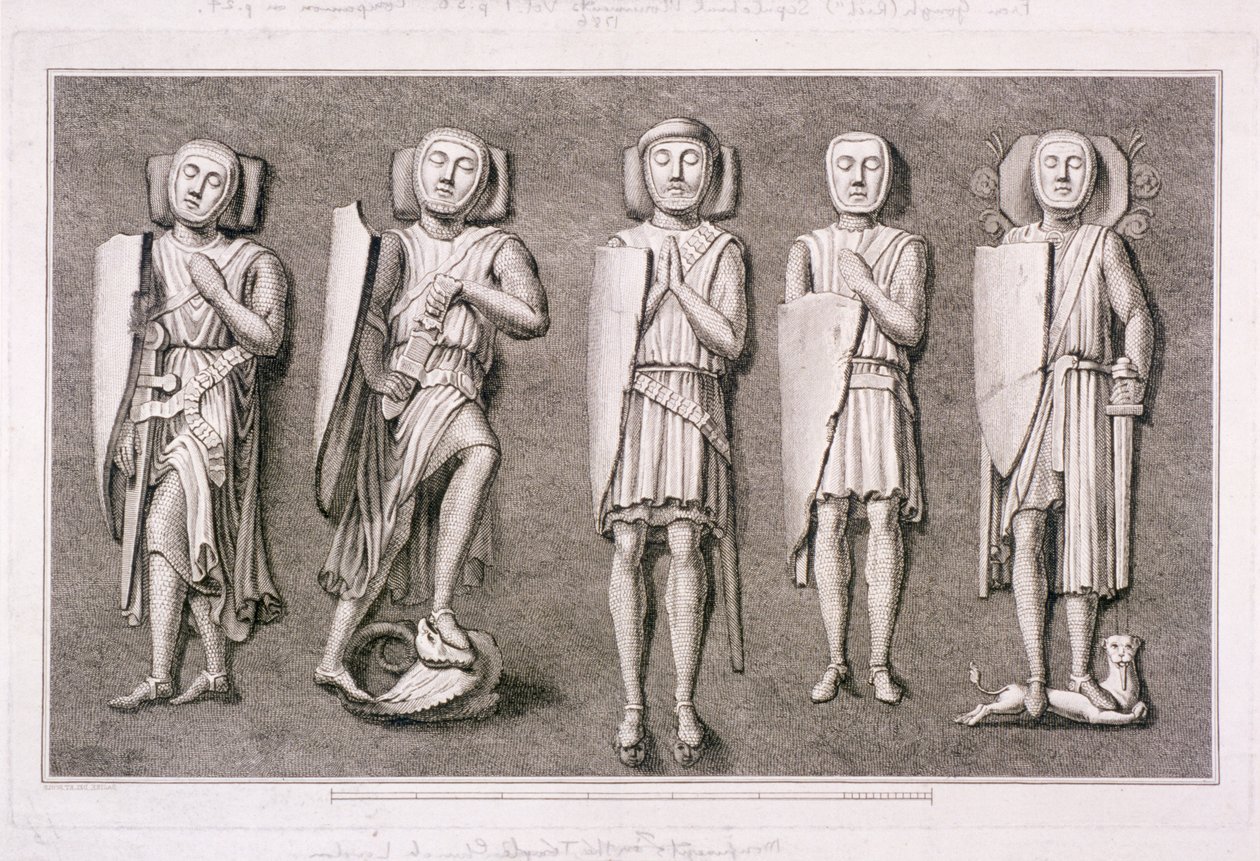 1786 年、ロンドンのテンプル教会にある 5 人の騎士の彫像。 作： ジェームズ・バジールI