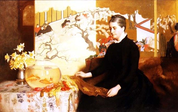 屏風と金魚を持つ女（画家の母の肖像 作： ジェームズ・ケイデンヘッド