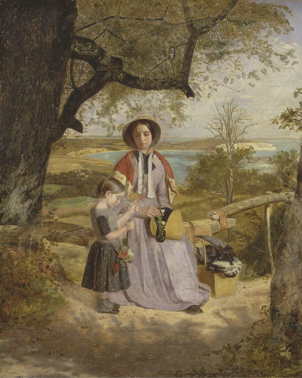 踏み越し段による母と子、ワイト島のカルバークリフ、遠く、1849-50年頃（パネルに油彩） 作： ジェームズ・コリンソン