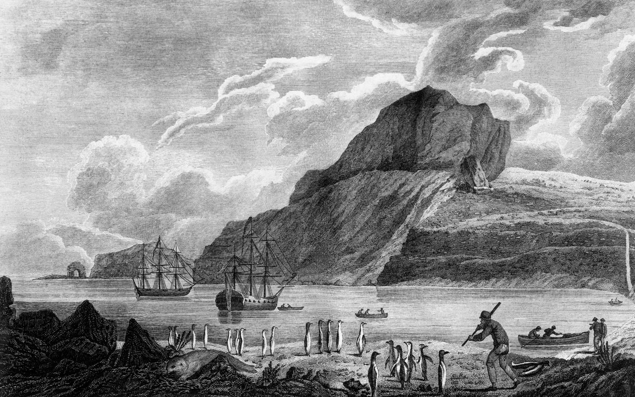 ケルゲレン島、クリスマス湾の眺め、ウィリアム ホッジス作画、ウィリアム ワッツ作画、「南極に向かう航海」のイラスト、ジェームズ クック