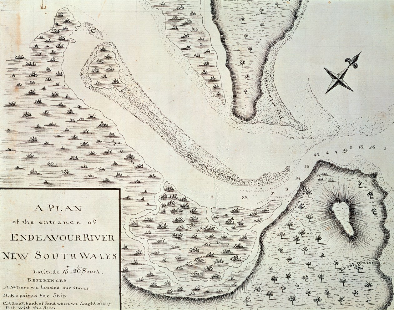 エンデバー川入り口の地図、ジェームズ・クック（1728-1779）が1768年から1771年にかけて行った最初の旅行の記録からの地図、オーストラリア 作： ジェームズクック