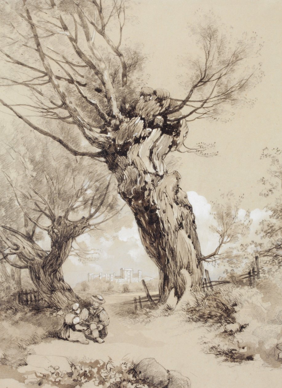枝打ちされた木々の下の人物が描かれた風景画 作： ジェームズ・ダフィールド・ハーディング
