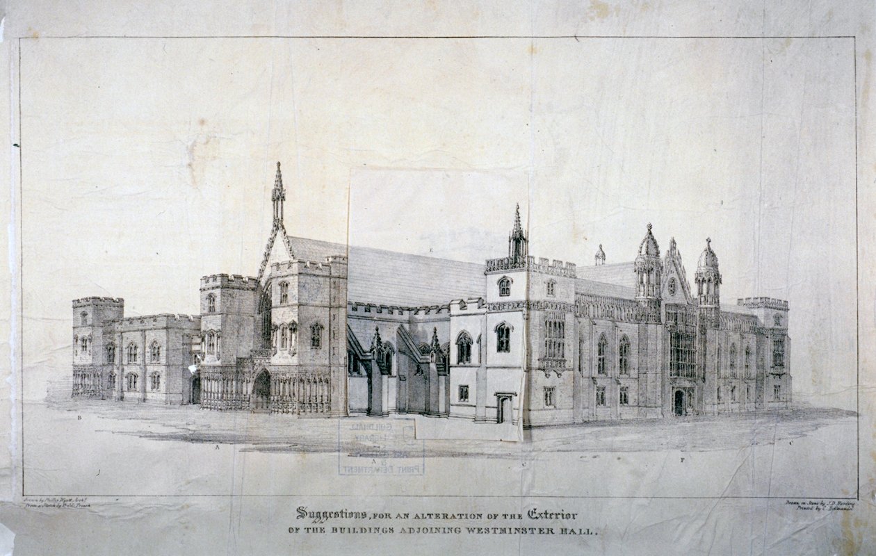 1825年頃、ロンドンのウェストミンスター・ホールに隣接する建物の改築のための提案。               作： ジェームズ・ダフィールド・ハーディング