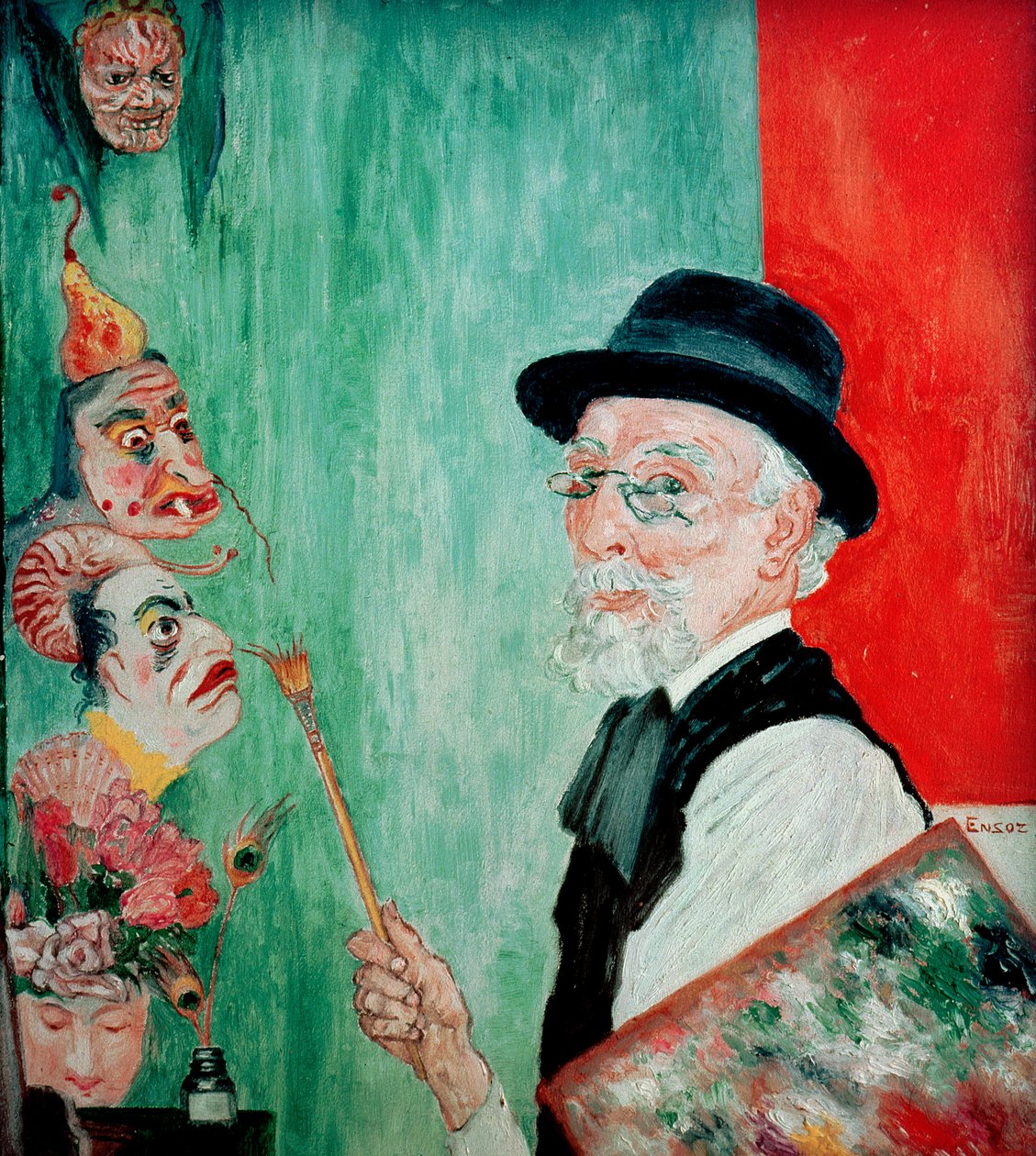 仮面をつけた自画像。 1936年（パネルに油彩）