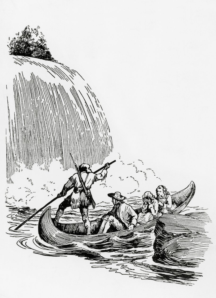 滝のそばでカヌーに乗る主人公たち（James Fenimore Cooper著『The Last of the Mohicans』の挿絵、Principato Editore、ミラノ 作： ジェイムズフェニモアクーパー