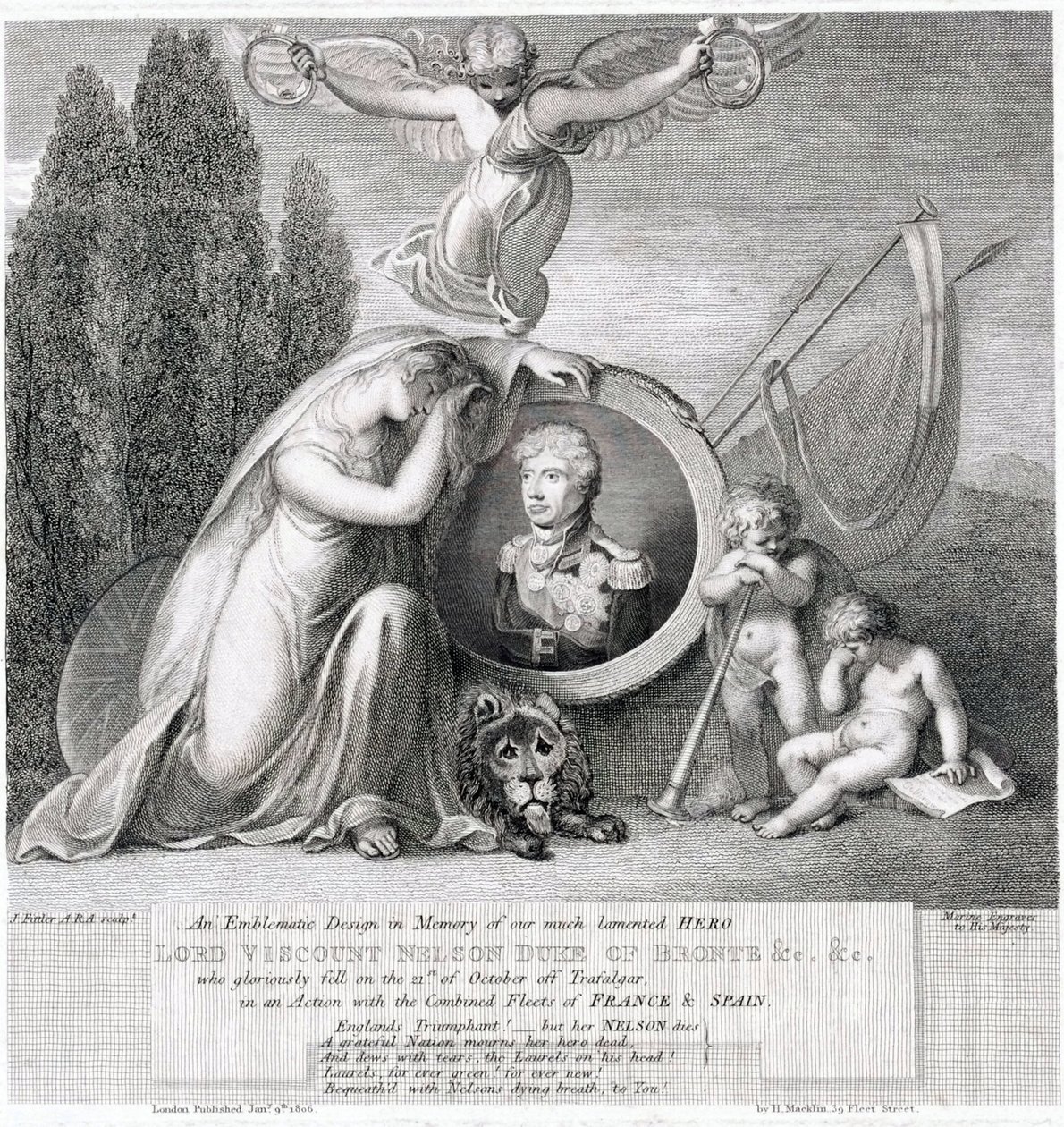 亡き英雄ホレイショ・ネルソン子爵（1758-1805）を偲ぶ象徴的な絵 作： ジェームズ・フィトラー