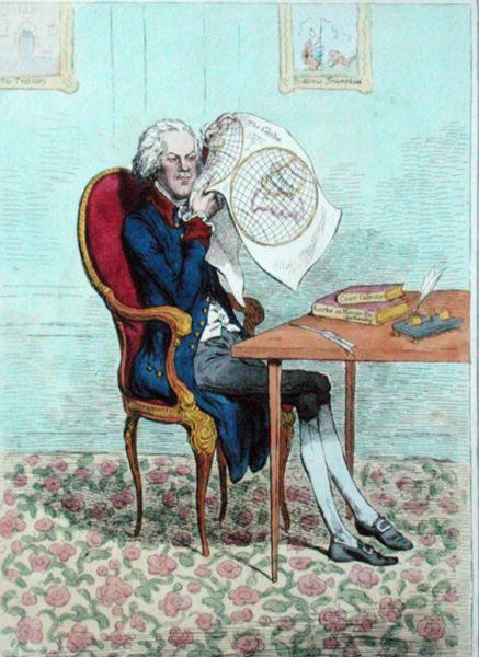 ハンナ・ハンフリーが1795年に出版した「英国の征服を見極める鋭敏な政治家」（手彩色のエッチング） 作： ジェームズ・ギルレイ