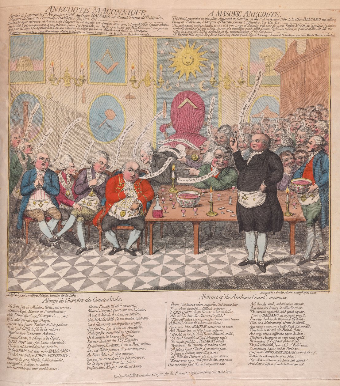 フリーメーソンの逸話、パブ。 1786年（手描きの彫刻） 作： ジェームズ・ギルレイ