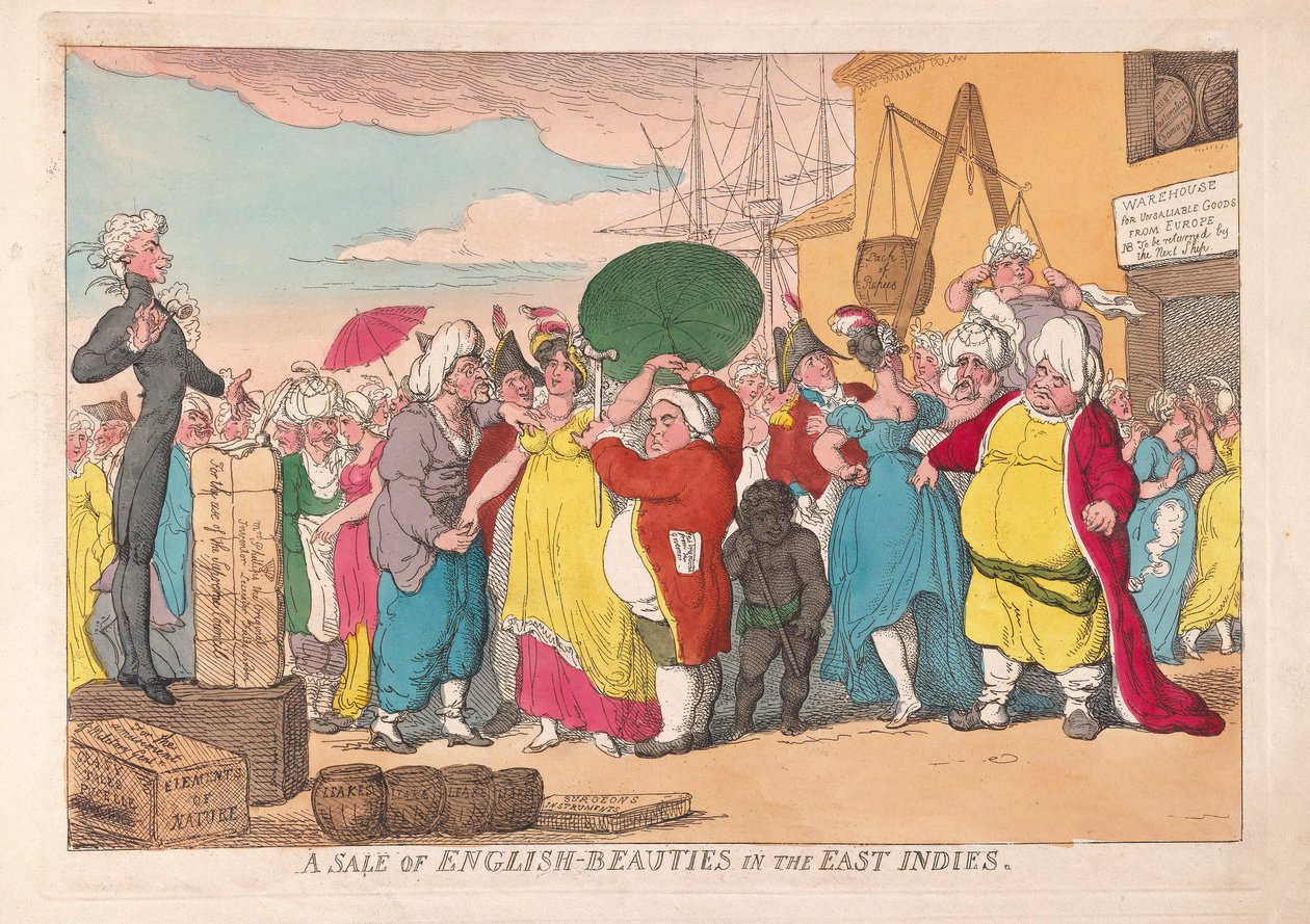 東インド諸島のパブのイギリスの美女の販売。 1786年（手描きの彫刻） 作： ジェームズ・ギルレイ