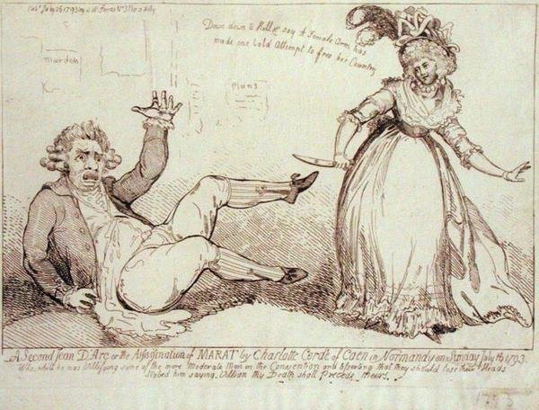 1793 年 7 月 13 日にノルマンディーのカーンのシャルロット コルデー (1768-93) による、S.W. 1793年の森（エッチング） 作： ジェームズ・ギルレイ