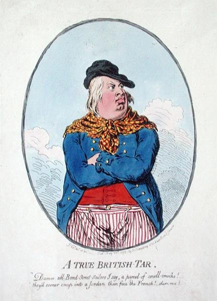 ハンナ・ハンフリーが1795年に出版した「A True British Tar」（手彩色のエッチング画） 作： ジェームズ・ギルレイ